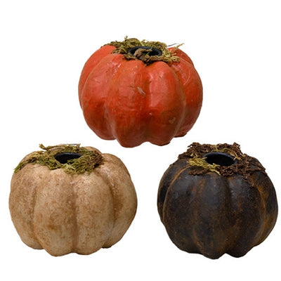 Set of 3 Papier Mache Mossy Pumpkin Taper Holders