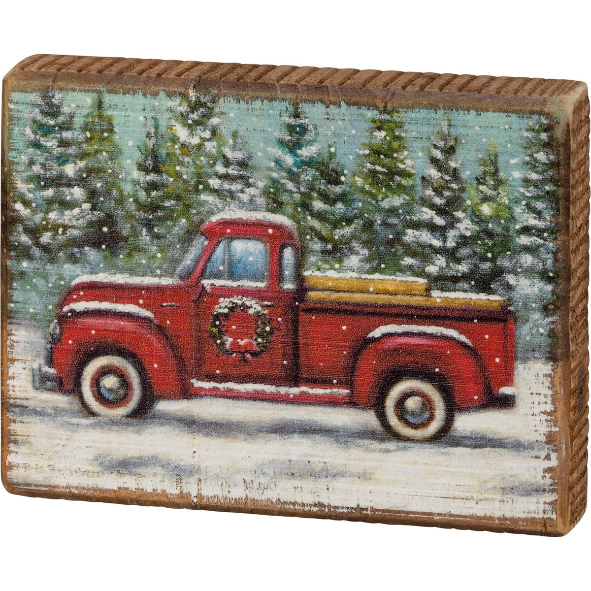 Red Truck in Wintry Scene 5" Block Sign