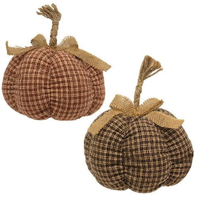 Set of 2 Medium Country Plaid Fabric Pumpkin