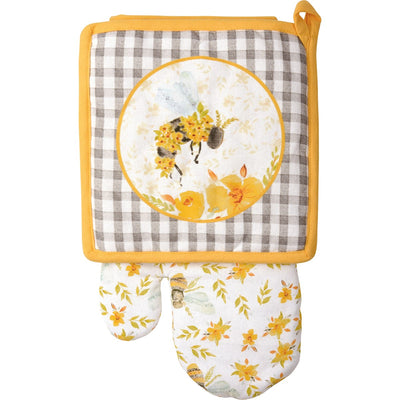 Floral Bees Kitchen Oven Mitt and Hot Pad Set