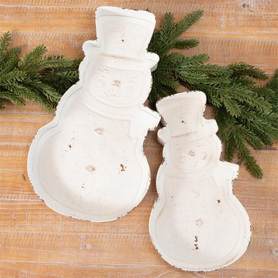 Set of 2 Snowman Shaped Distressed Metal Trays