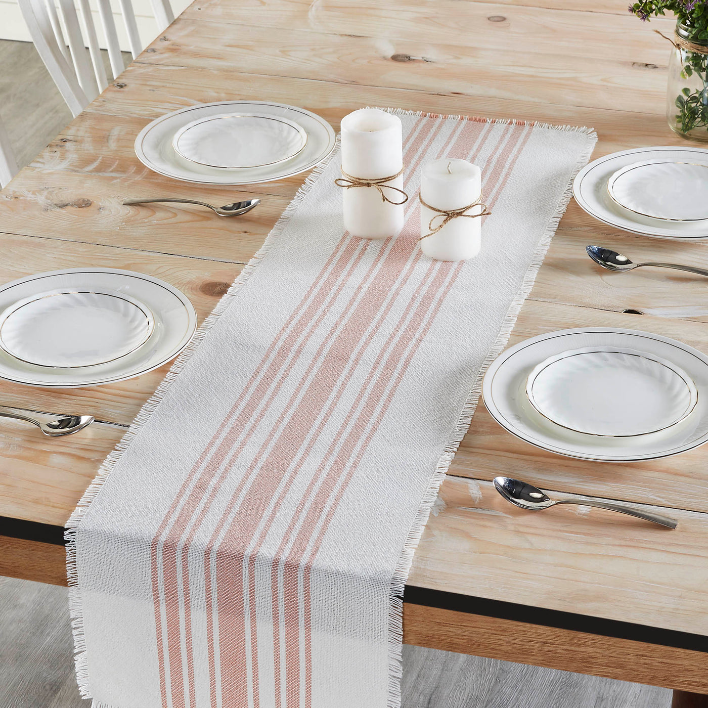 Antique White Stripe Coral Indoor/Outdoor 48" Table Runner