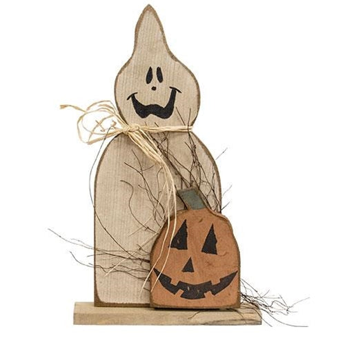 Rustic Wood Ghost with Jack O Lantern on Base 18.5" H