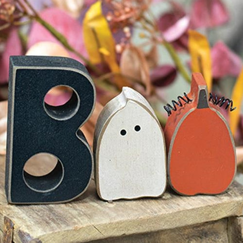 Set of 3 Boo Ghost & Pumpkin Wooden Blocks