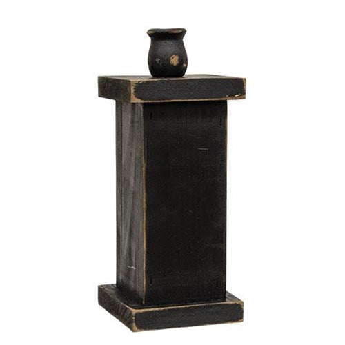 Distressed Black Tall Wooden Pedestal Taper Holder 10"