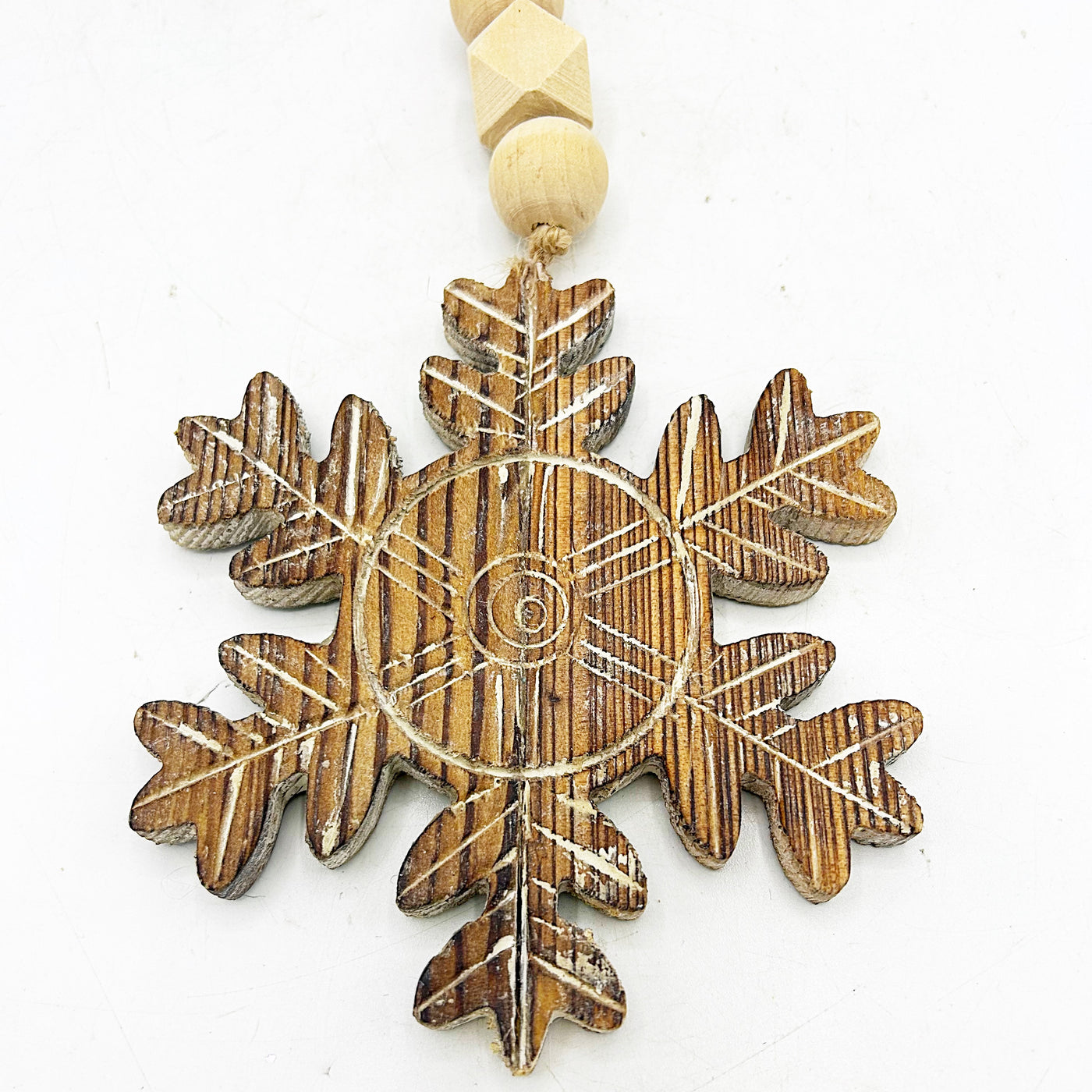 Distressed Wood Grain Beaded Snowflake Ornament