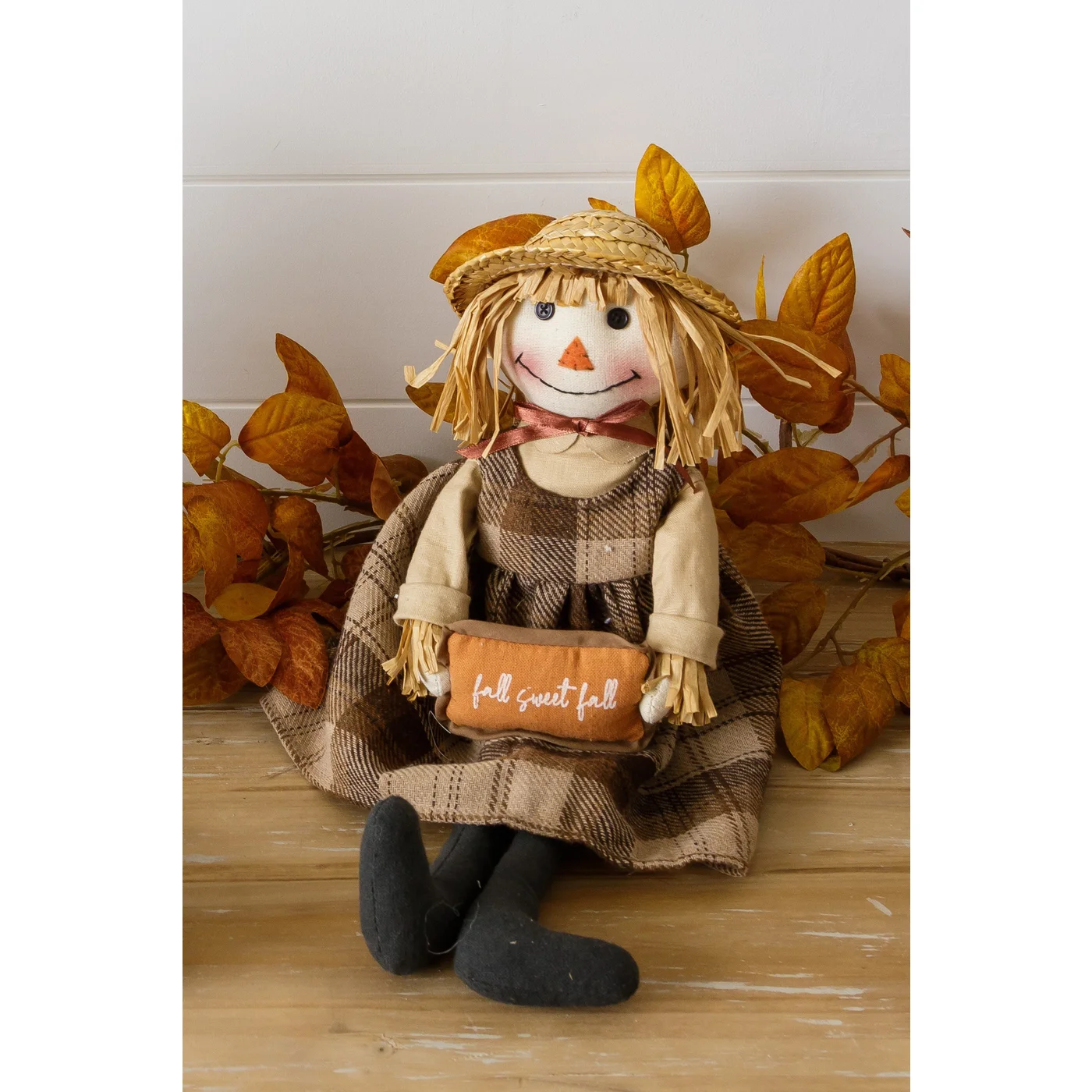 Scarecrow Girl Sitting Fabric Figure with Fall Sweet Fall Message