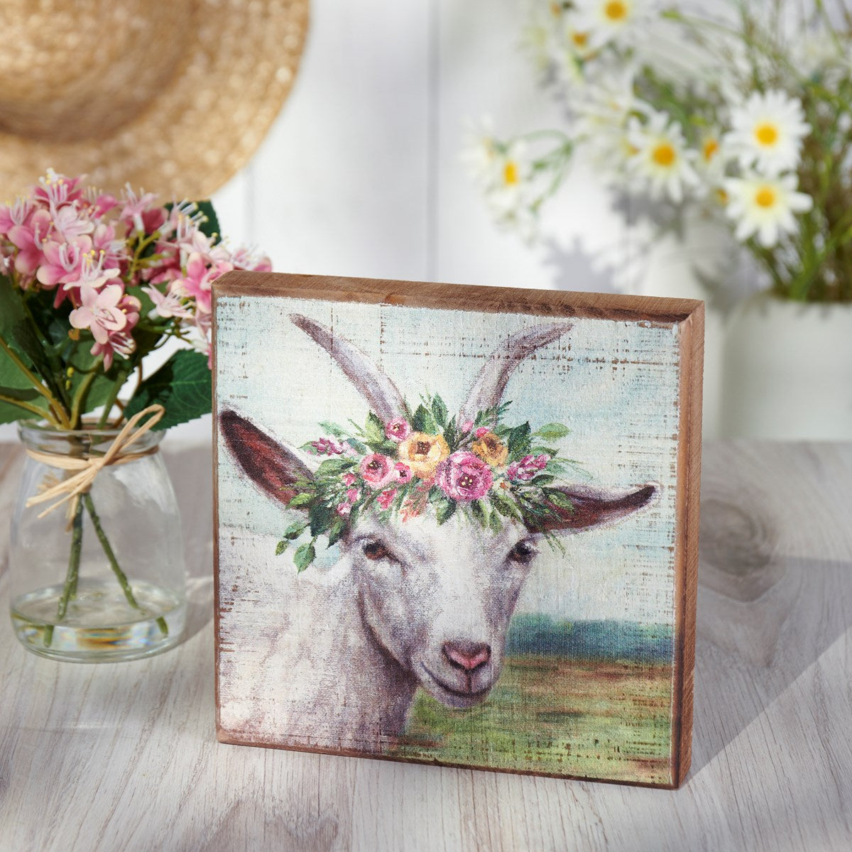 Floral Crown Goat 6" Wooden Block Sign