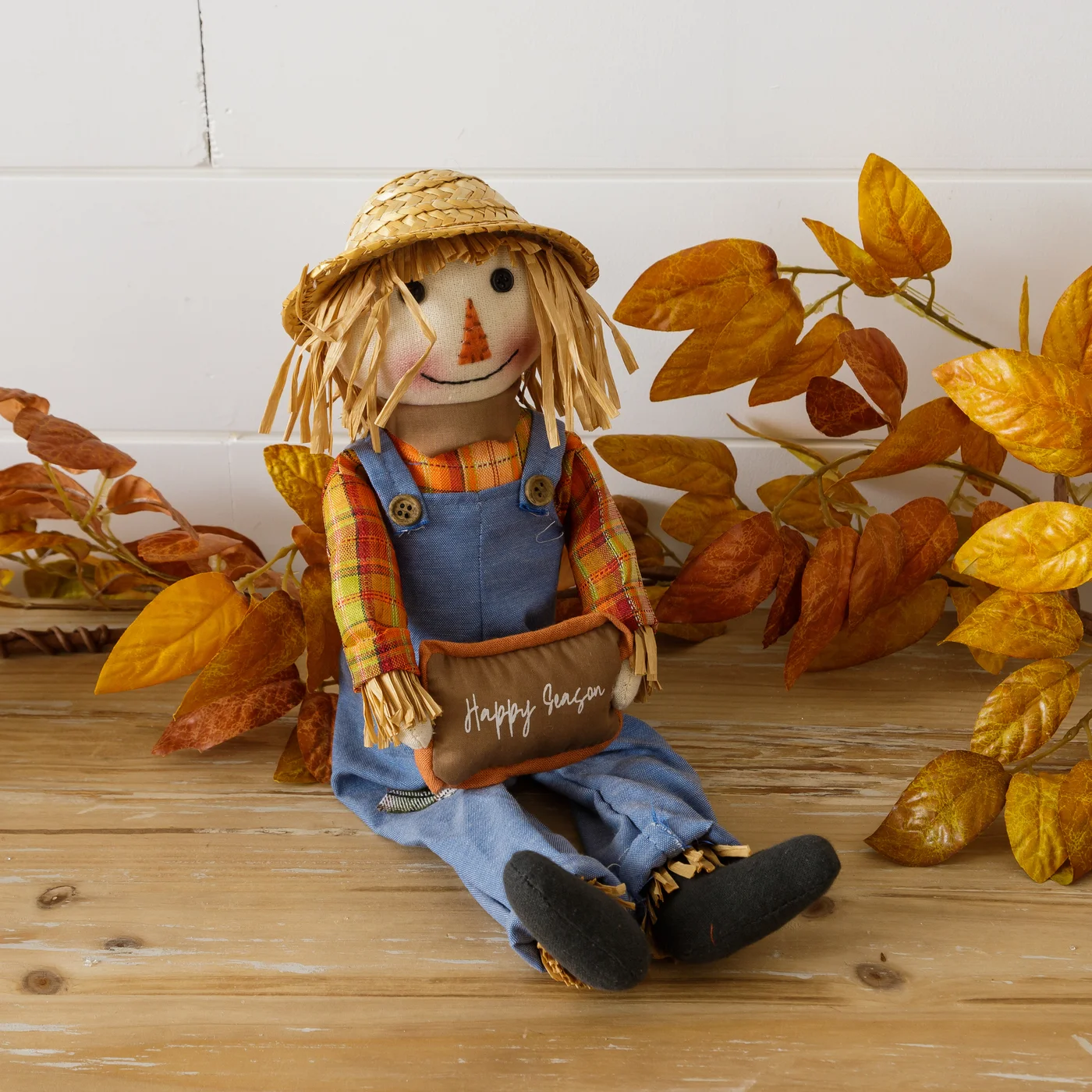 Scarecrow Boy Sitting Fabric Figure with Happy Season Message