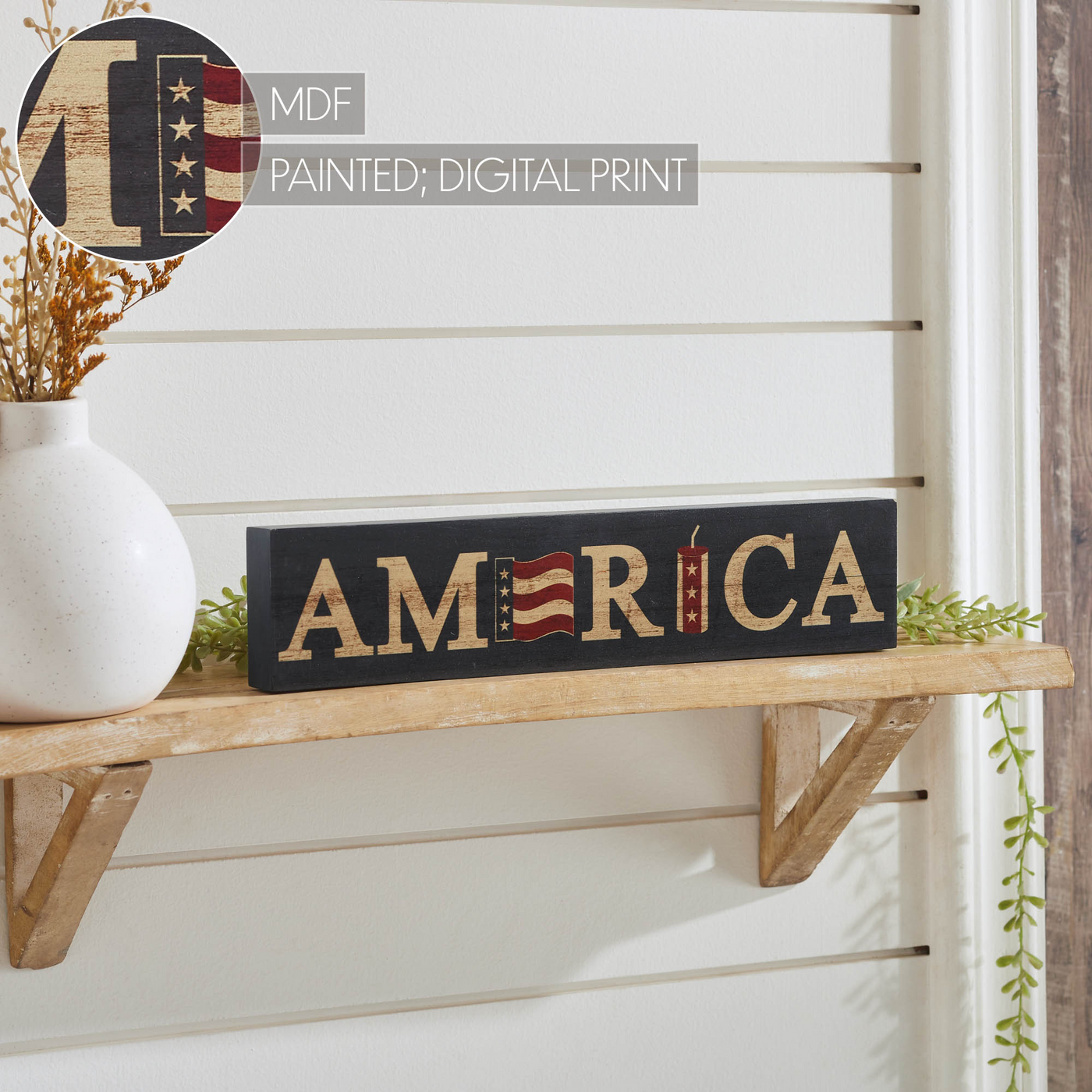 AMERICA Flag and Firecracker 14" Block Sign