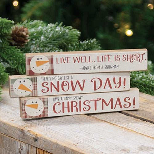 Set of 3 Snowman Advice Mini Wooden Sign Sticks