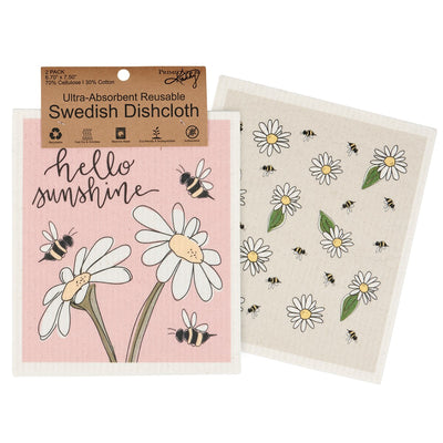 Hello Sunshine Bees and Daisies Swedish Dishcloth Set