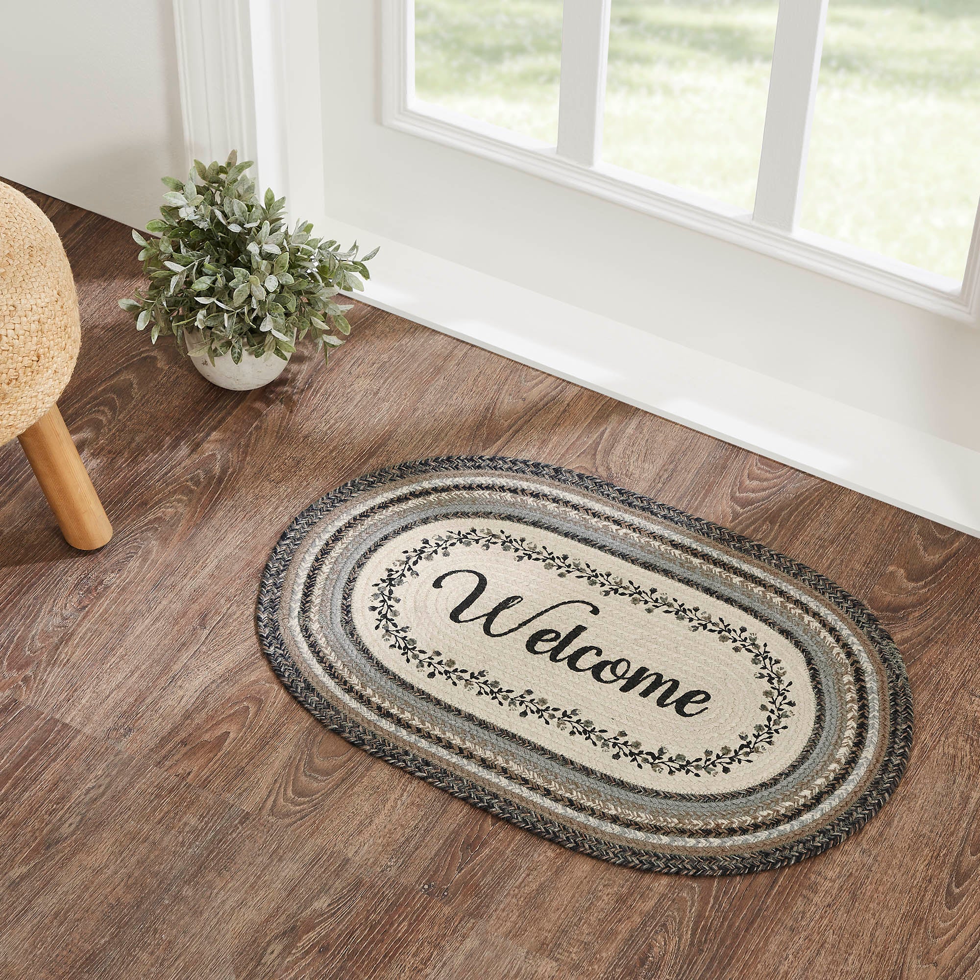 Floral Vine Welcome Jute Oval Rug 20