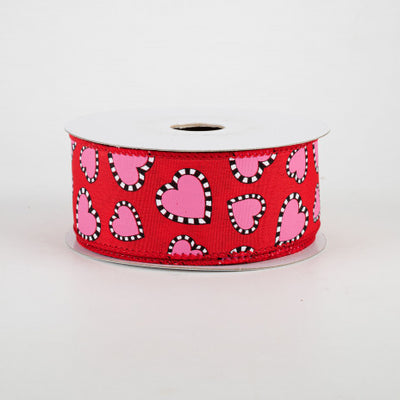 Dashed Edge Pink Heart Red Ribbon 1.5" x 10 yards