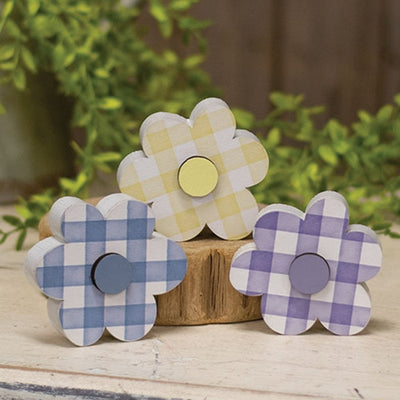 Set of 3 Wooden Gingham Check Button Flower Sitters