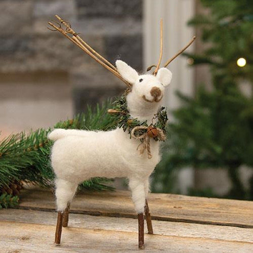 White Standing Reindeer Felt Ornament 9" H