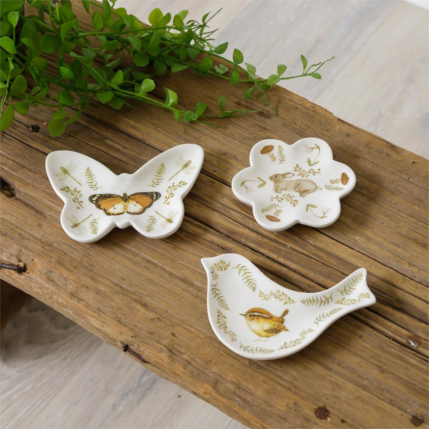 Set of 3 Cottage Trinket Plates Butterfly Bird Rabbit