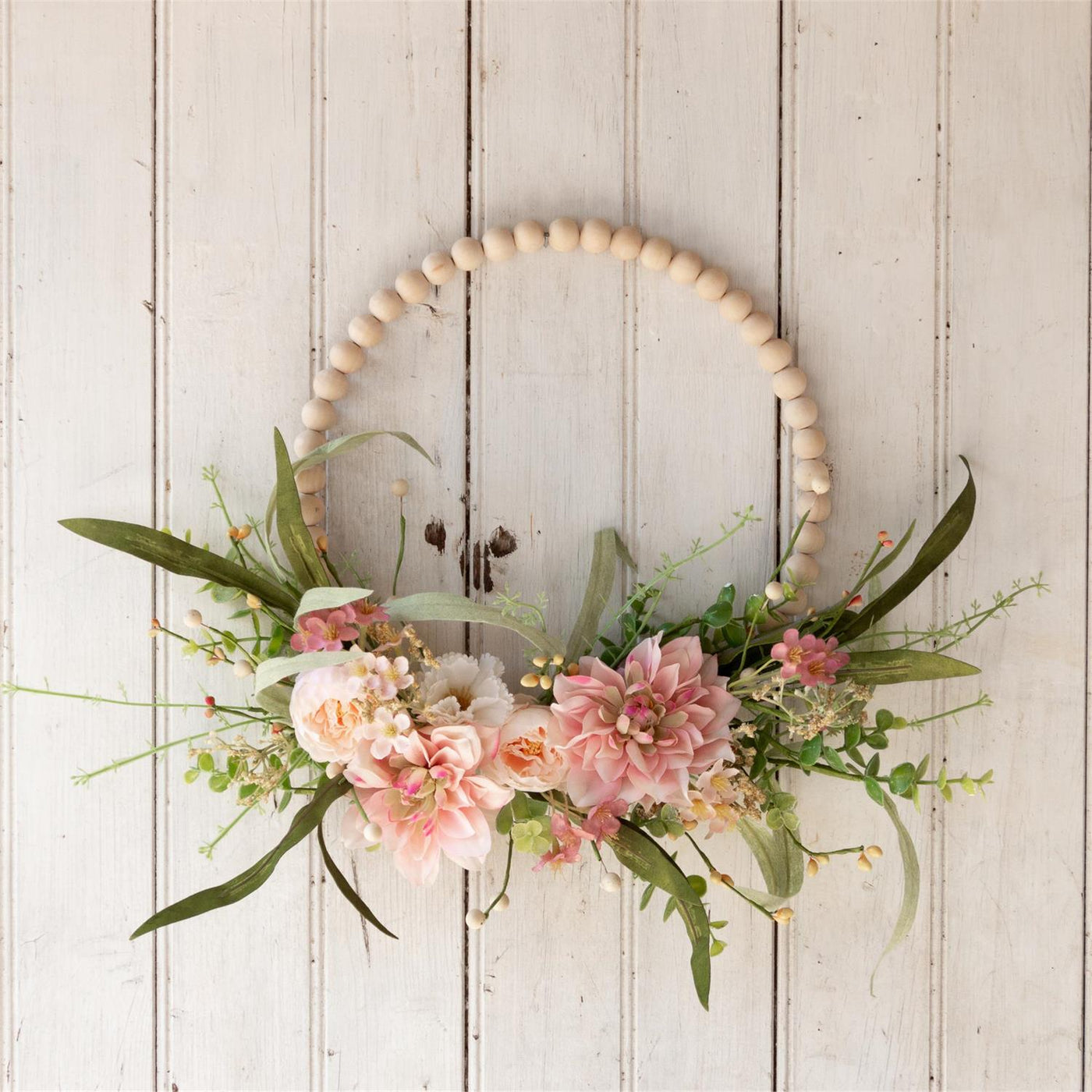 Pink Dahlias and Florals on Beaded Hoop 21" Faux Floral Wreath