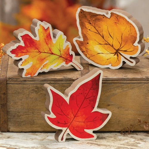 Set of 3 Chunky Wood Fall Leaf Sitter Signs