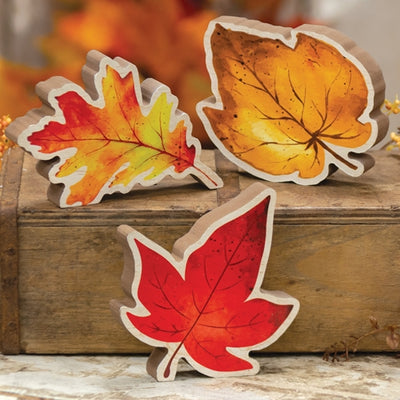 Set of 3 Chunky Wood Fall Leaf Sitter Signs