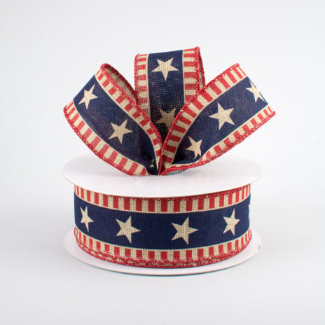 💙 Bold Star & Stripes on Beige Ribbon 1.5" x 10 yards
