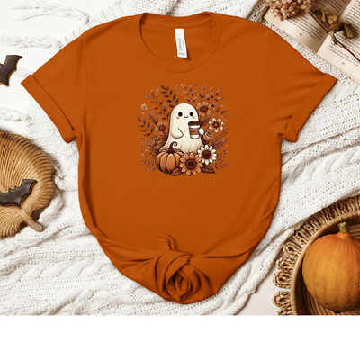 Floral Ghost With Coffee Halloween T-Shirt