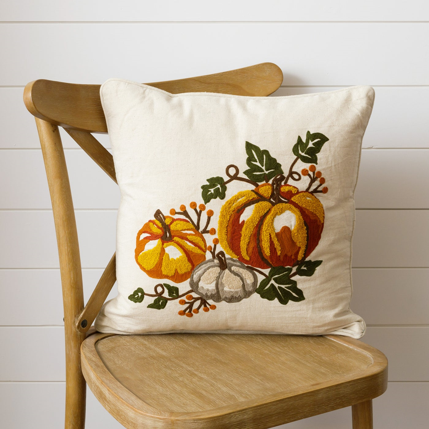 Embroidered Pumpkin and Vines 18" Fall Throw Pillow