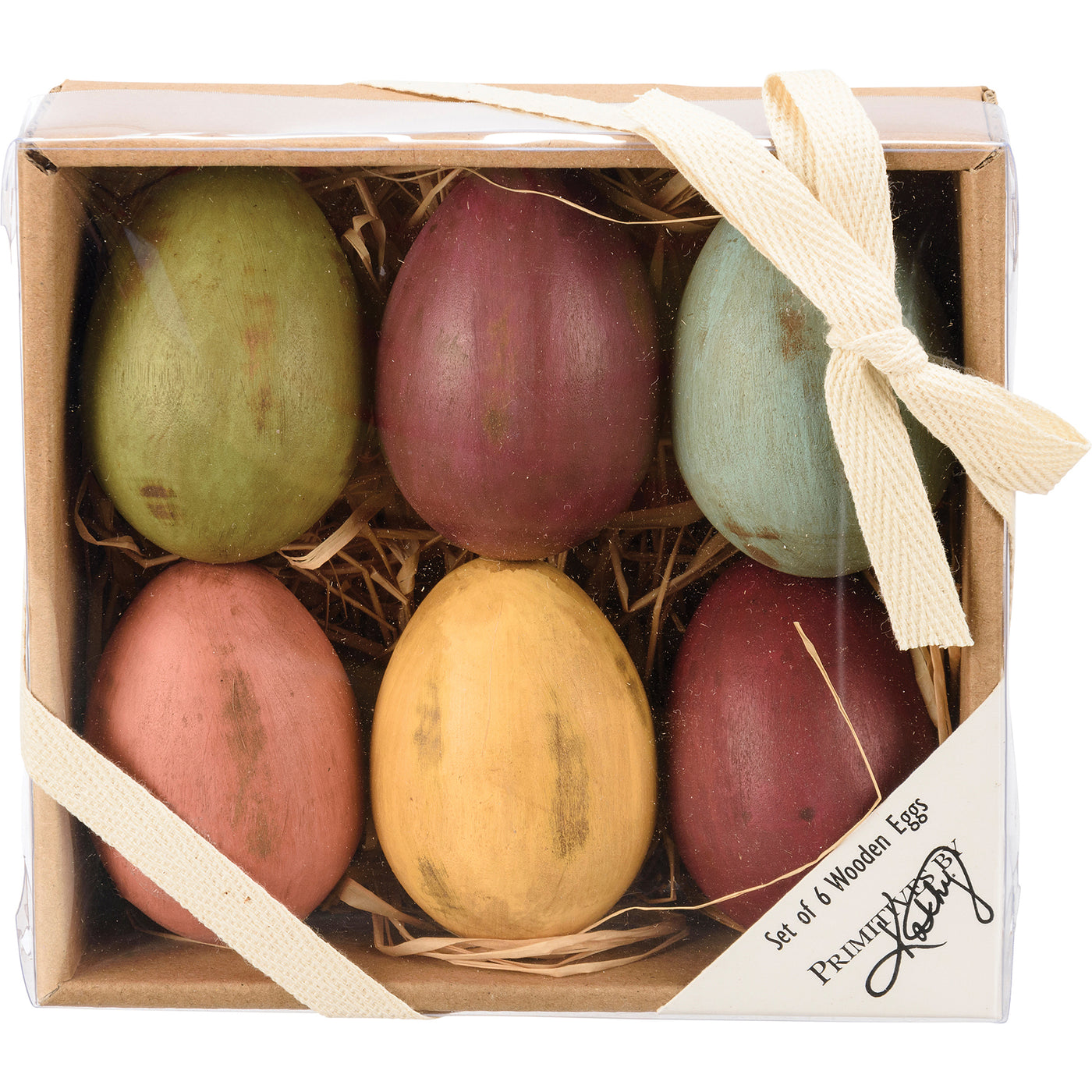 Set of 6 Primitive Colored Wooden Eggs