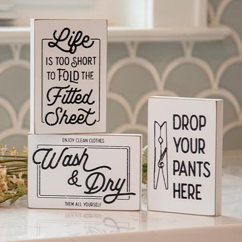 Set of 3 Laundry Block Signs Drop Your Pants Here Wash & Dry
