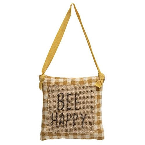 💙 Bee Happy Mustard Check and Burlap Pillow Hanger