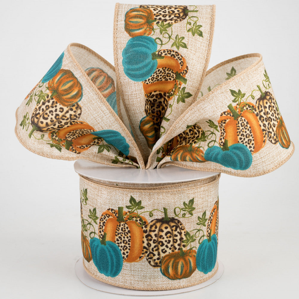 Cheetah & Teal Pumpkins on Natural Ribbon 2.5" x 10 yards