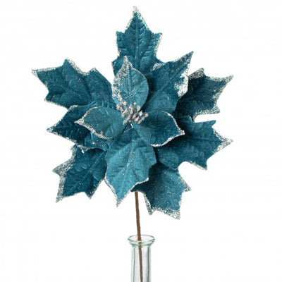 Teal Blue Poinsettia 12" Floral Stem