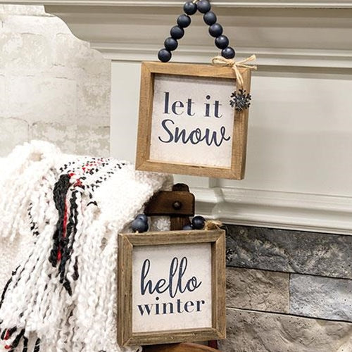 Set of 2 Let it Snow & Hello Winter Beaded Hanging Signs
