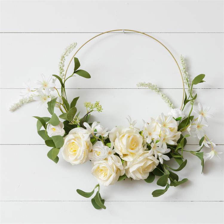 Creamy Rose Faux Florals Gold Hoop 18" Wreath