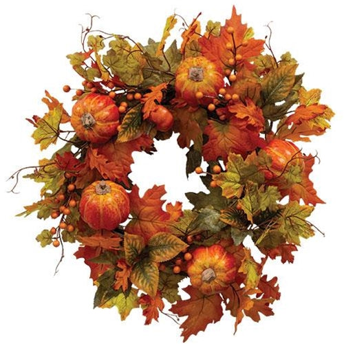 Fall Leaves Berries & Pumpkins 18" Faux Wreath