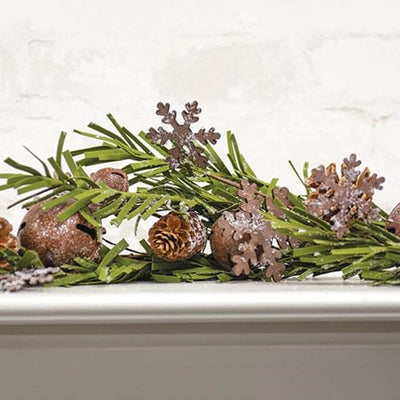 💙 Rusty Glitter Bell & Snowflake Pine 4 ft Faux Garland