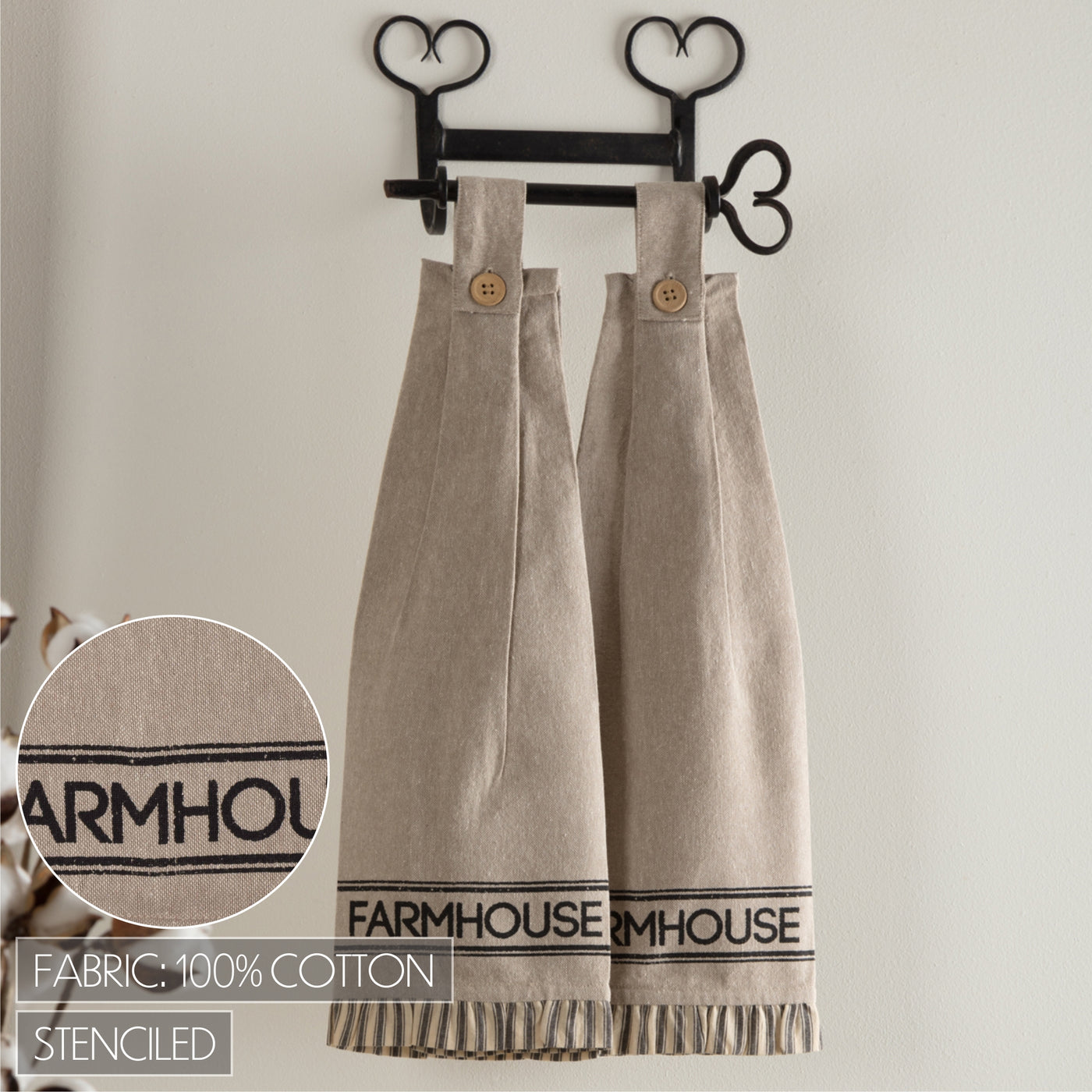 Set of 2 Sawyer Mill Charcoal Farmhouse Button Loop Kitchen Towels