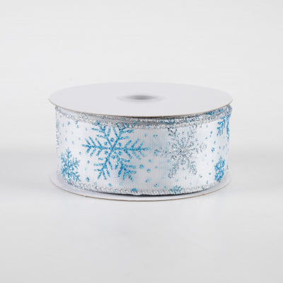 Silver & Turquoise Glitter Snowflakes on White Ribbon 1.5" x 10 yards