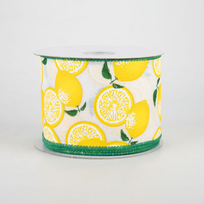 💙 Yellow Lemons on White Ribbon 2.5" x 10 yards