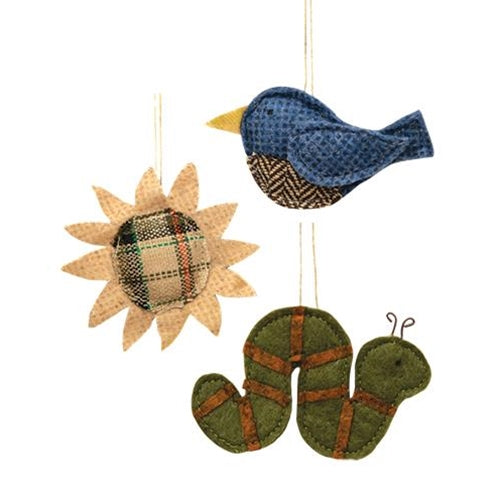 Set of 3 In the Garden Fabric Ornaments - Bird, Sunflower, Inch Worm