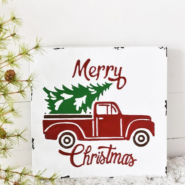 Surprise Me Sale 🤭 Merry Christmas Red Truck with Tree Distressed Metal Sign