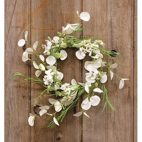 💙 White Wild Flowers and Silver Dollar 14" Faux Floral Wreath