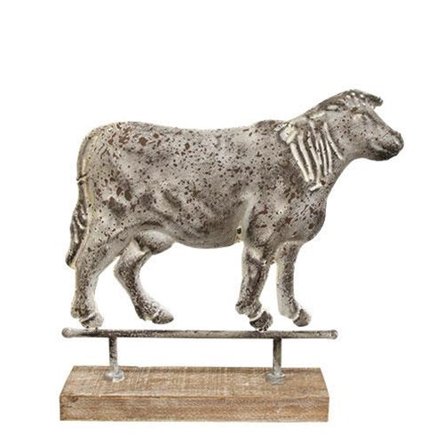 Rustic Metal Cow Figure on Wooden Stand