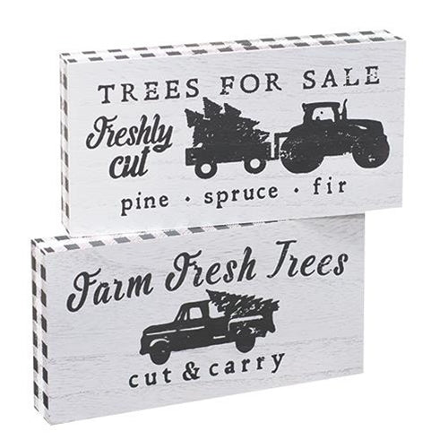 Set of 2 Farm Fresh Trees & Trees for Sale Christmas Sign Blocks