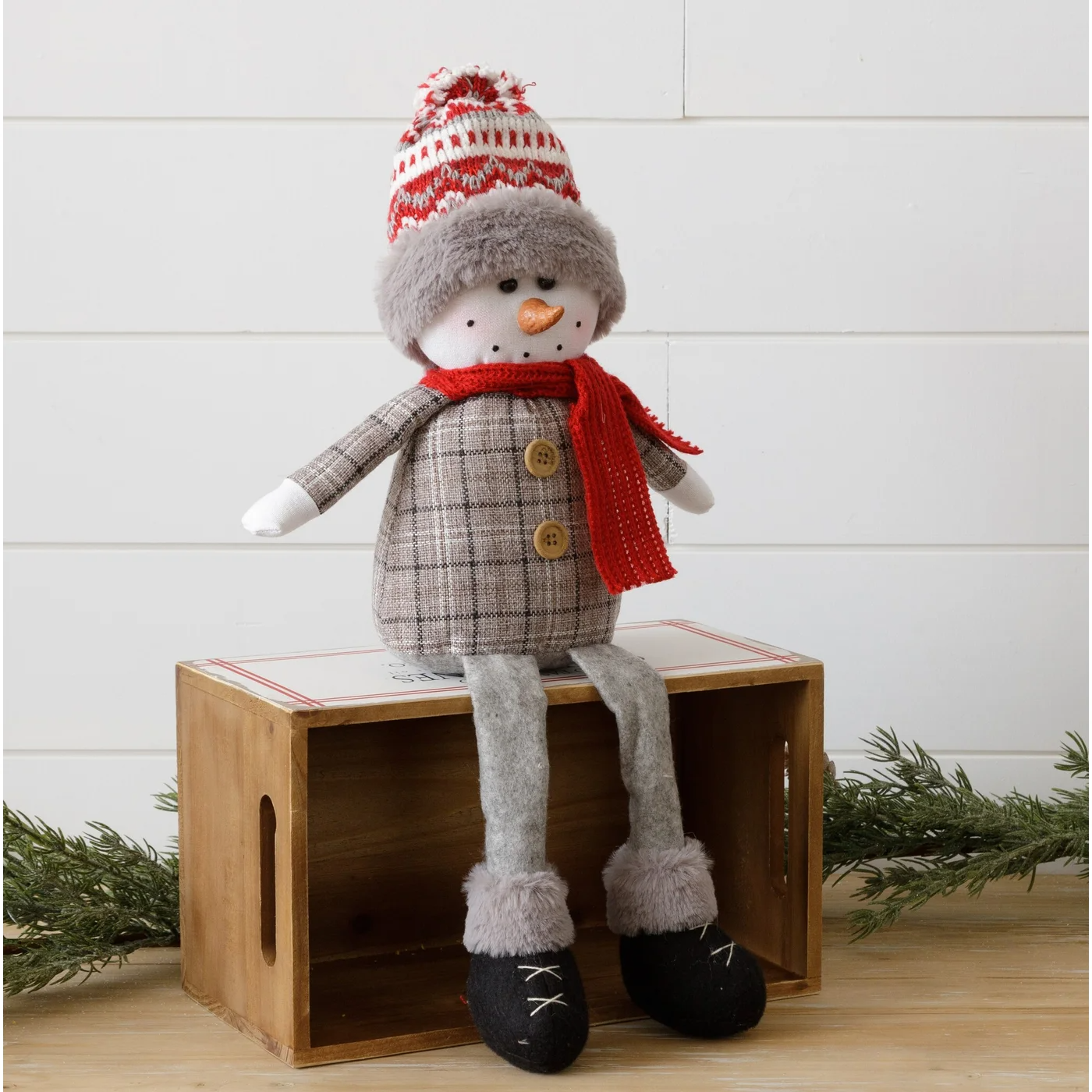 Snowman Sitter With Knit Hat Fabric Figure