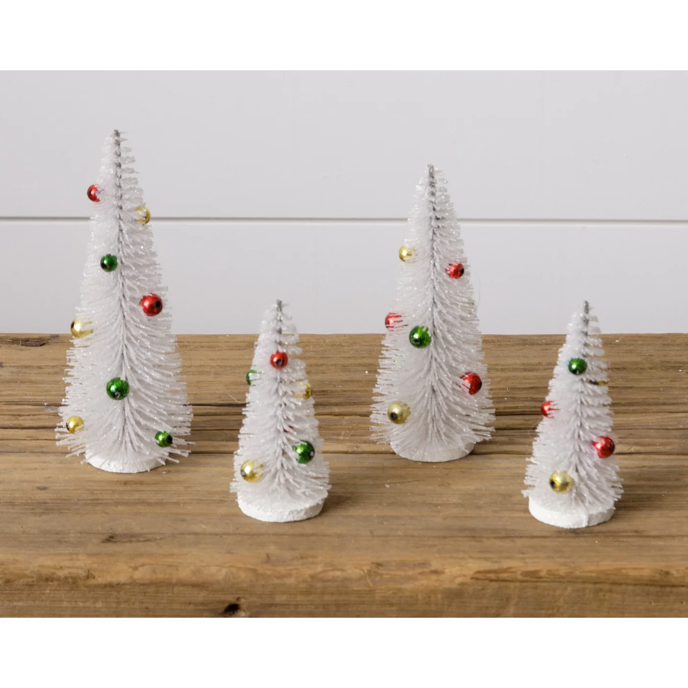 Set of 4 White Glitter With Ornaments Bottle Brush Trees