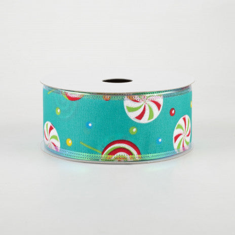 HAPPY BIRTHDAY🎂 💙 Peppermint Swirl Candy Iridescent Edge On Teal Ribbon 1.5" x 10 yards