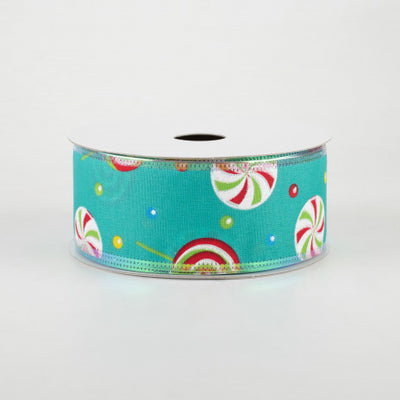 💙 Peppermint Swirl Candy Iridescent Edge On Teal Ribbon 1.5" x 10 yards