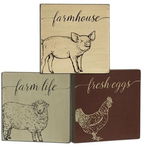 Set of 3 Small Farmhouse Block Signs - pig, sheep & chicken