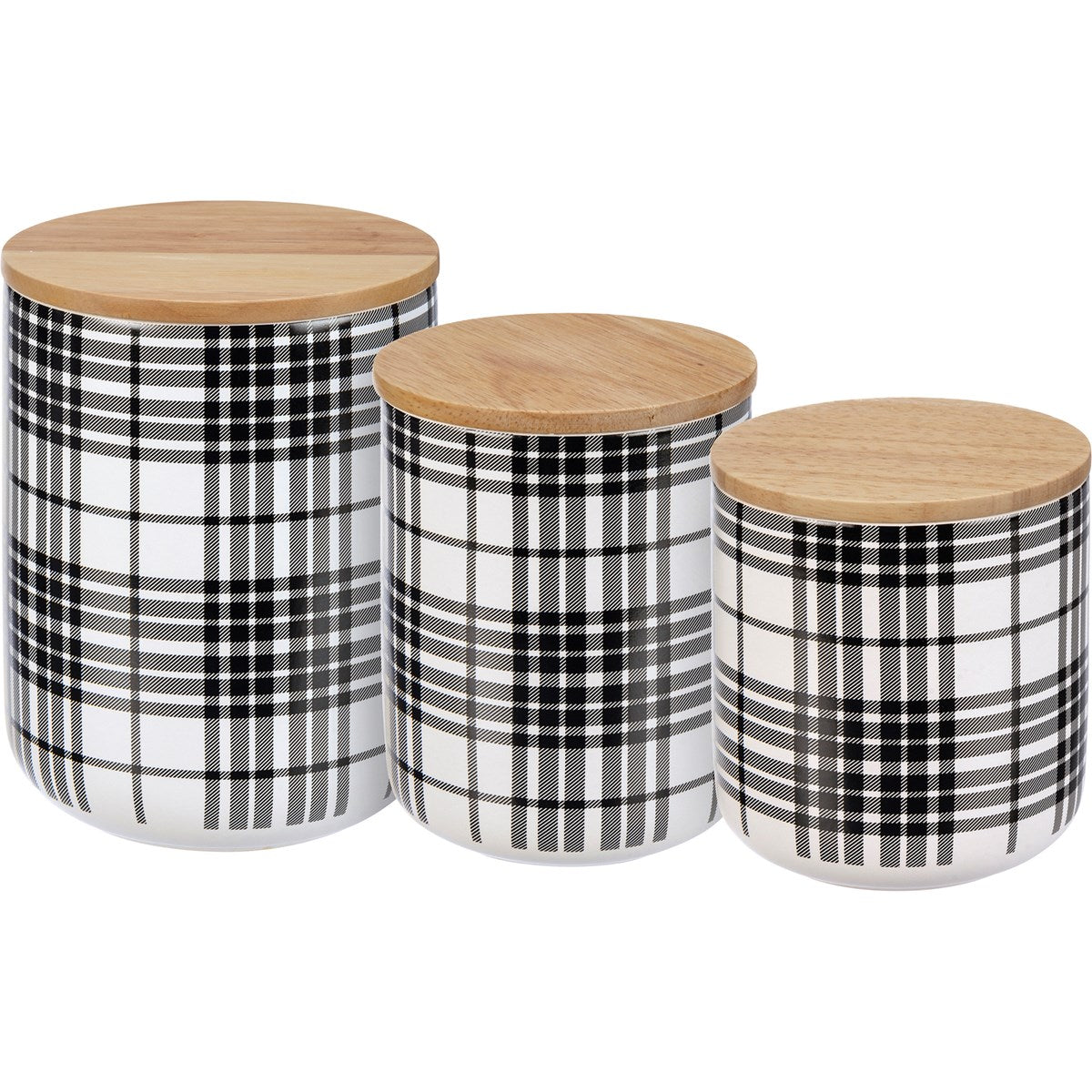 Set of 3 Black Plaid Stoneware Canisters